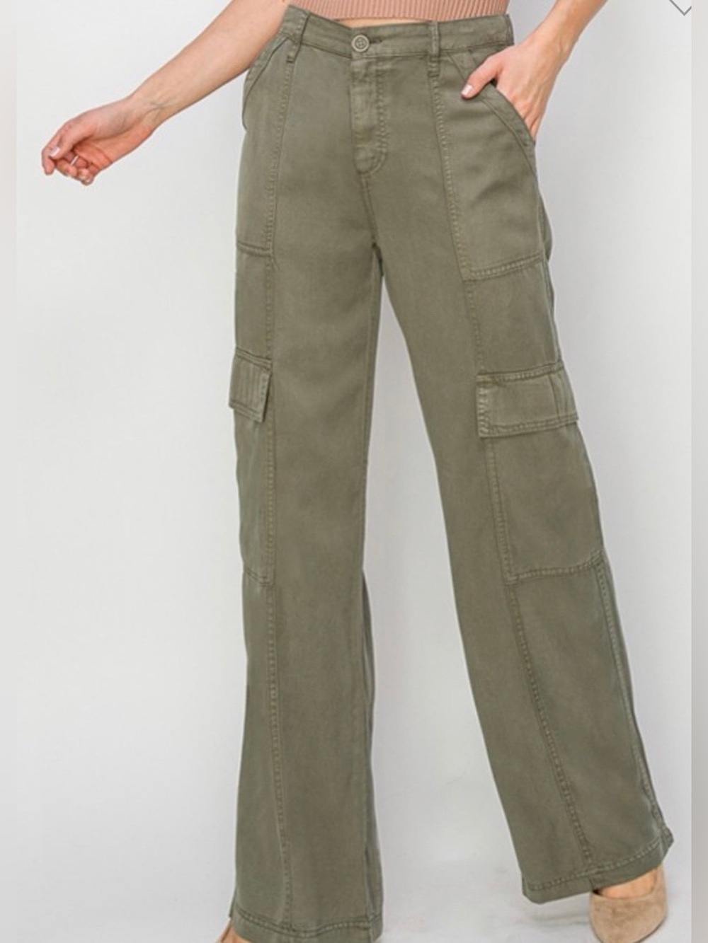 Risen Jeans Tencel Cargo Wide Leg Pants in m Green Size Small - C75-015